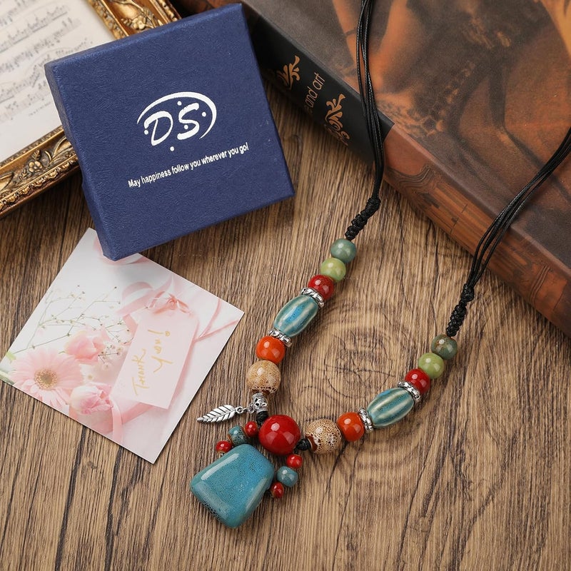 DS Boho Beaded Necklace for Women–Colorful Ceramic & African Tribal Beads, Adjustable Long Chunky Bohemian Jewelry with Gift Box Packaging,Hippie Witchy Vintage Handmade Fashion Statement Necklace - Image 4